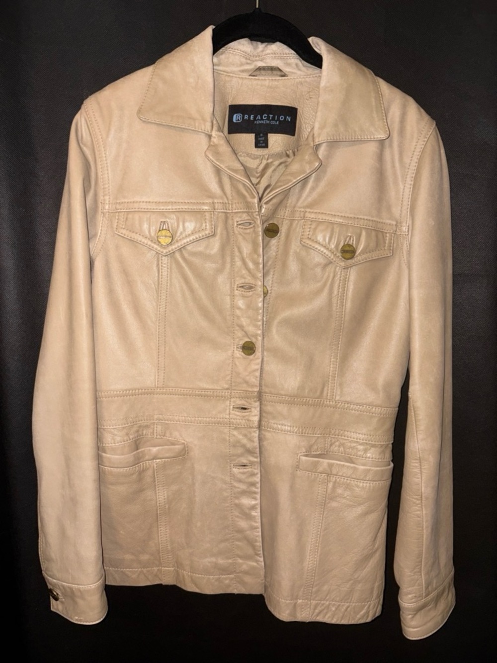 Reaction Kenneth Cole Leather Jacket Tan Beige Button Front Trucker Style Small